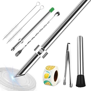 8 Pcs Set Kit,Include 2X 316 Stainless streel Straw Puncher for Plastic Lids,1x Lemon Stickers Roll,1x Ice Tong,1x Muddler,1x Mixing Spoon and 2X Straw Brushes,Lemonade Muddler and Straw Puncher Set