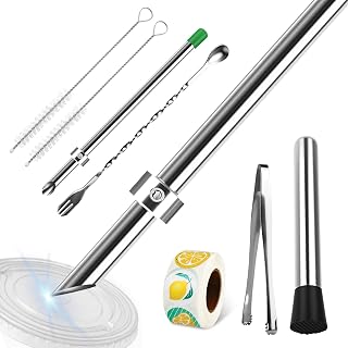 8 Pcs Set Kit,Include 2X 316 Stainless streel Straw Puncher for Plastic Lids,1x Lemon Stickers Roll,1x Ice Tong,1x Muddler,1x Mixing Spoon and 2X Straw Brushes,Lemonade Muddler and Straw Puncher Set