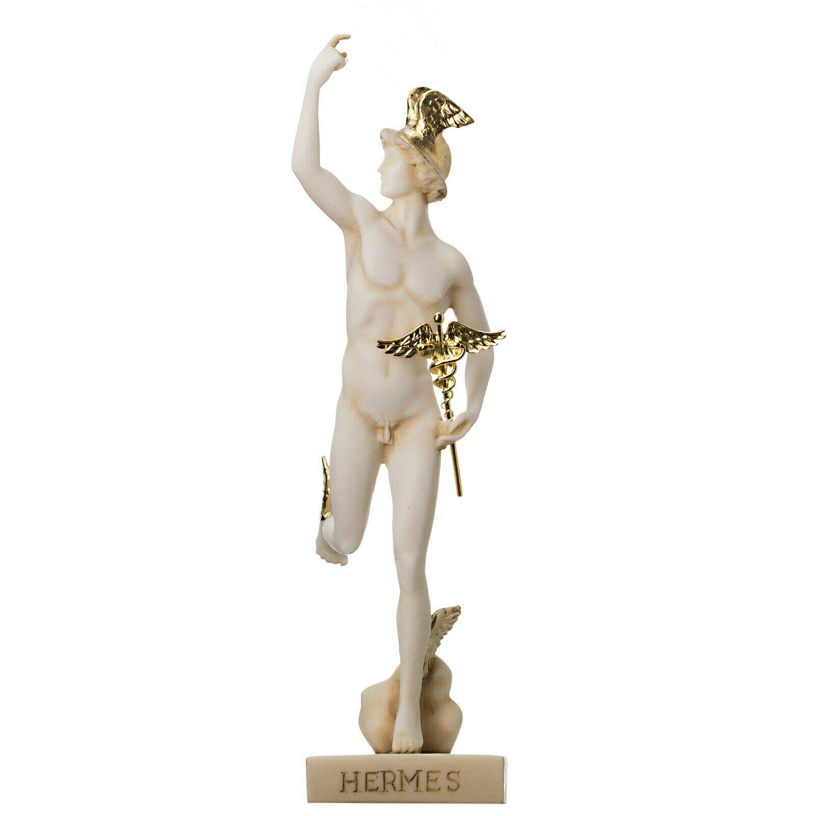 BeautifulGreekStatues Hermes Mercury God Zeus Son Roman Statue Alabaster Gold Tone 9.25"