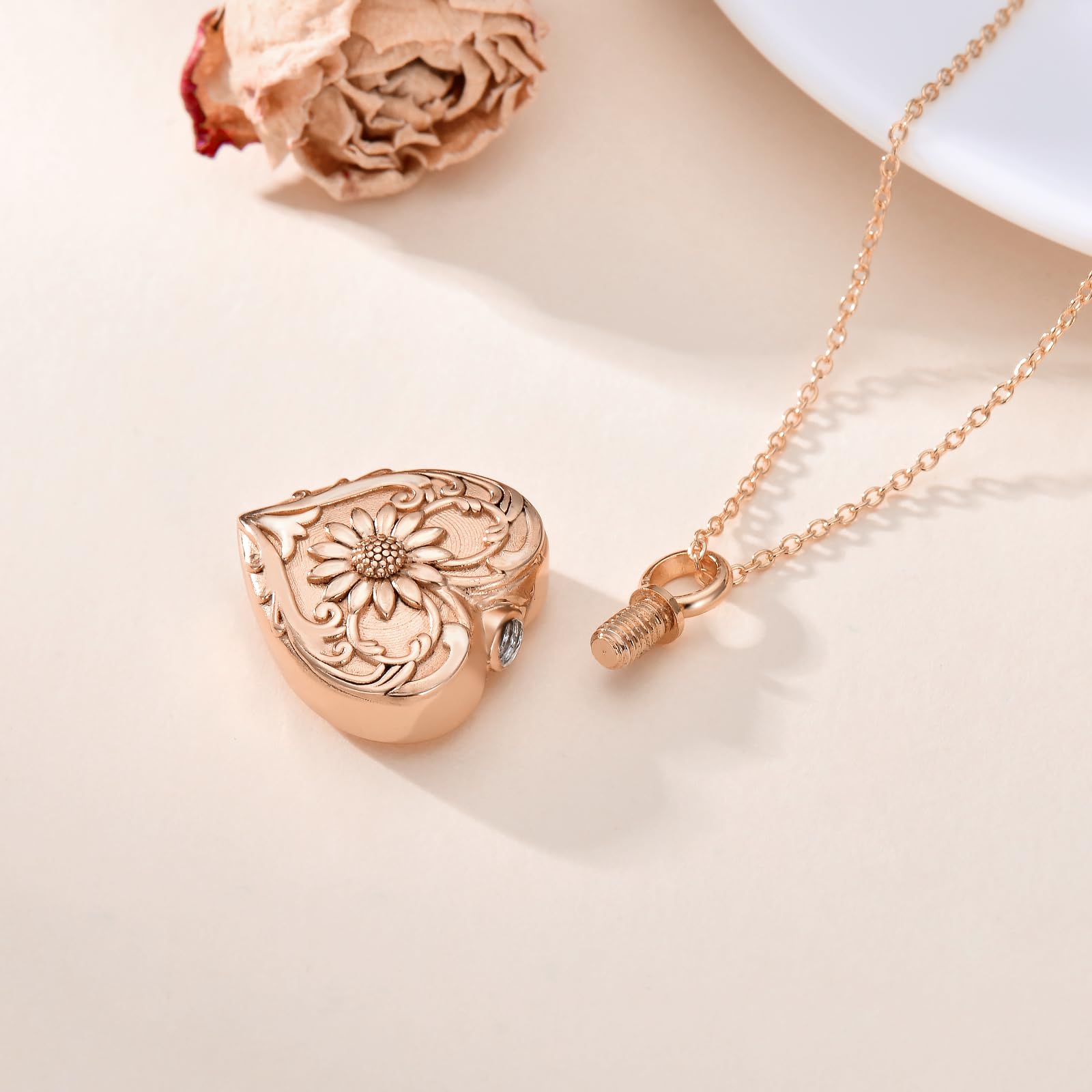 SOULMEET Rose Gold Filled Sunflower Cremation Jewelry for Ashes Heart Sunflower Urn Necklace that Holds Human Dog Ashes - Image 3