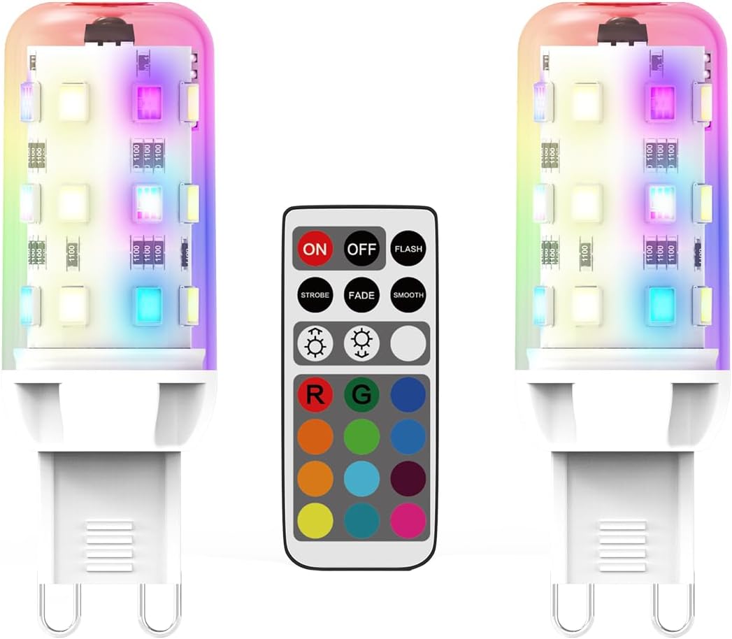 G9 LED Dimmable Bulb, RGB Color Changing with Remote Control G9 LED Light Bulbs, 25W G9 Halogen Equivalent, 3000K Warm White, 250LM, No Flicker, 2 Pack 2 bulbs + 1 remote Warm White Light + Rgb