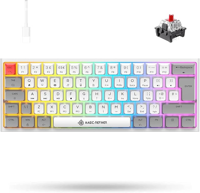 MAGIC-REFINER MK25 PRO UK Layout 60% Mechanical Gaming Keyboard, 14 Chroma RGB Backlit, Dye-Sublimation Keycap, Type C Wired, 62 Keys, K61, K60, for PC/Laptop/Mac/PS4/XBox (White Grey/Red Switch)