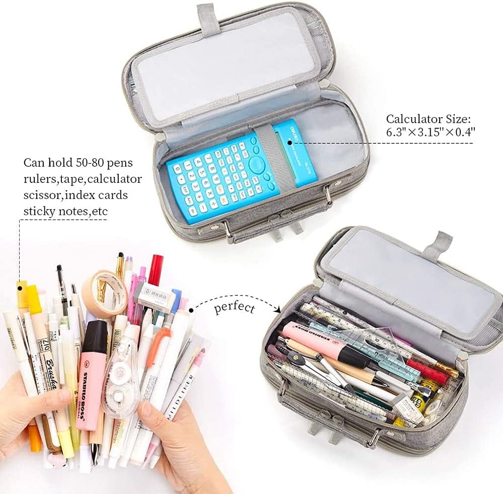 Pencil Girls Boys Large Capacity Canvas Case for School Work 2 Compartment Cosmetic Storage Bag Gray, 24x11x7 cm - Image 5