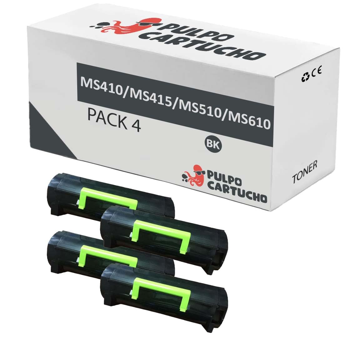 Pulpo Cartucho - Pack 4 Toner Genérico MS410 / MS415 / MS510 / MS610 Negro Compatible con Lexmark 50F2X00 / 502X - para MS410D, MS410DN, MS415DN, MS510DN, MS610DE, MS610DN, MS610DTE, MS610DTN