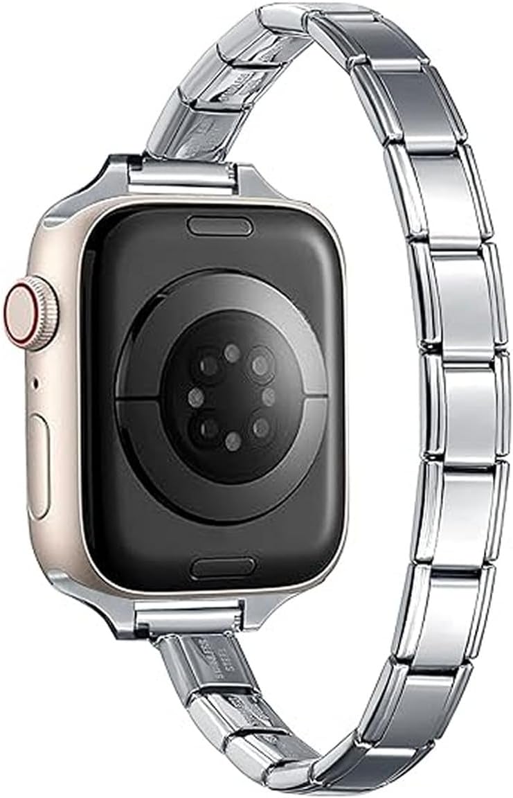 9mm Silvertone Stainless Steel Italian Charm Bracelet Single Band Compatible with Apple Watch Sizes 42mm 44mm 45mm Modular Link Replacement Strap for iWatch Series 9 8 7 6 5 4 3 2 1 SE Ultra