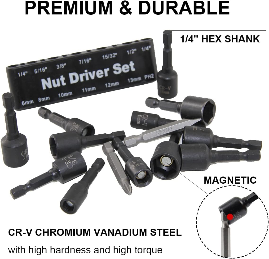 MacWork 14PCS Magnetic Hex Nuts Driver Set for Impact Drill, CR-V Steel, SAE 1/4" to 15/32", Metric 6mm to 13mm, 1/4" Hex Shank Drill Bit Set Screwdriver Socket Set