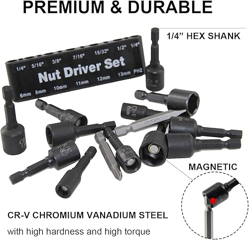 Miniatura 3 de MacWork Juego de 14 tuercas hexagonales magnéticas para taladro de impacto, acero CR-V, SAE de 1/4 a 15/32 pulgadas, métrico de 0.236 in a 0.512 in,