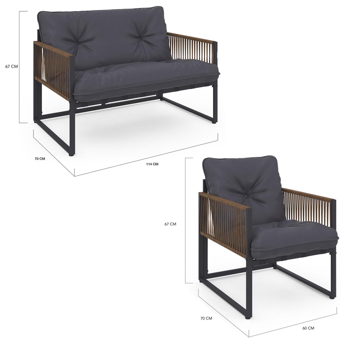 IDMarket - Salon de Jardin Bas Rio 6 Places Structure métal Gris Anthracite, Cordage Effet rotin avec Coussins Gris