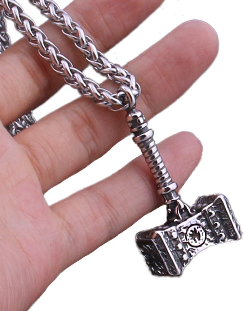 Men Viking Stainless Steel Thor's Hammer Pendant Necklace,Nordic Mythology Odin Mjolnir Religious Protection Amulet,Unisex Sweater Clavicle Chain Accessories