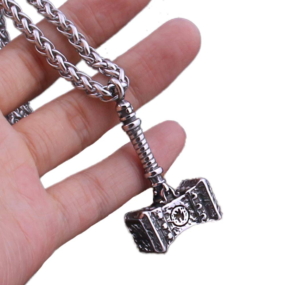 Men Viking Stainless Steel Thor's Hammer Pendant Necklace,Nordic Mythology Odin Mjolnir Religious Protection Amulet,Unisex Sweater Clavicle Chain Accessories