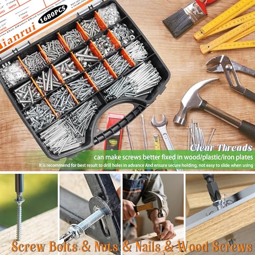 Image of Dianrui 1680 PCS Nails and Screws Assortment Kit & Screw Bolts and Nuts, M3 /M4 /M5 /M6 Machine Screws, Small Nails for Picture Hanging, #6#8 Drywall Screw Set for DIY Repair Project Length 1 /2 inch to 2 inch