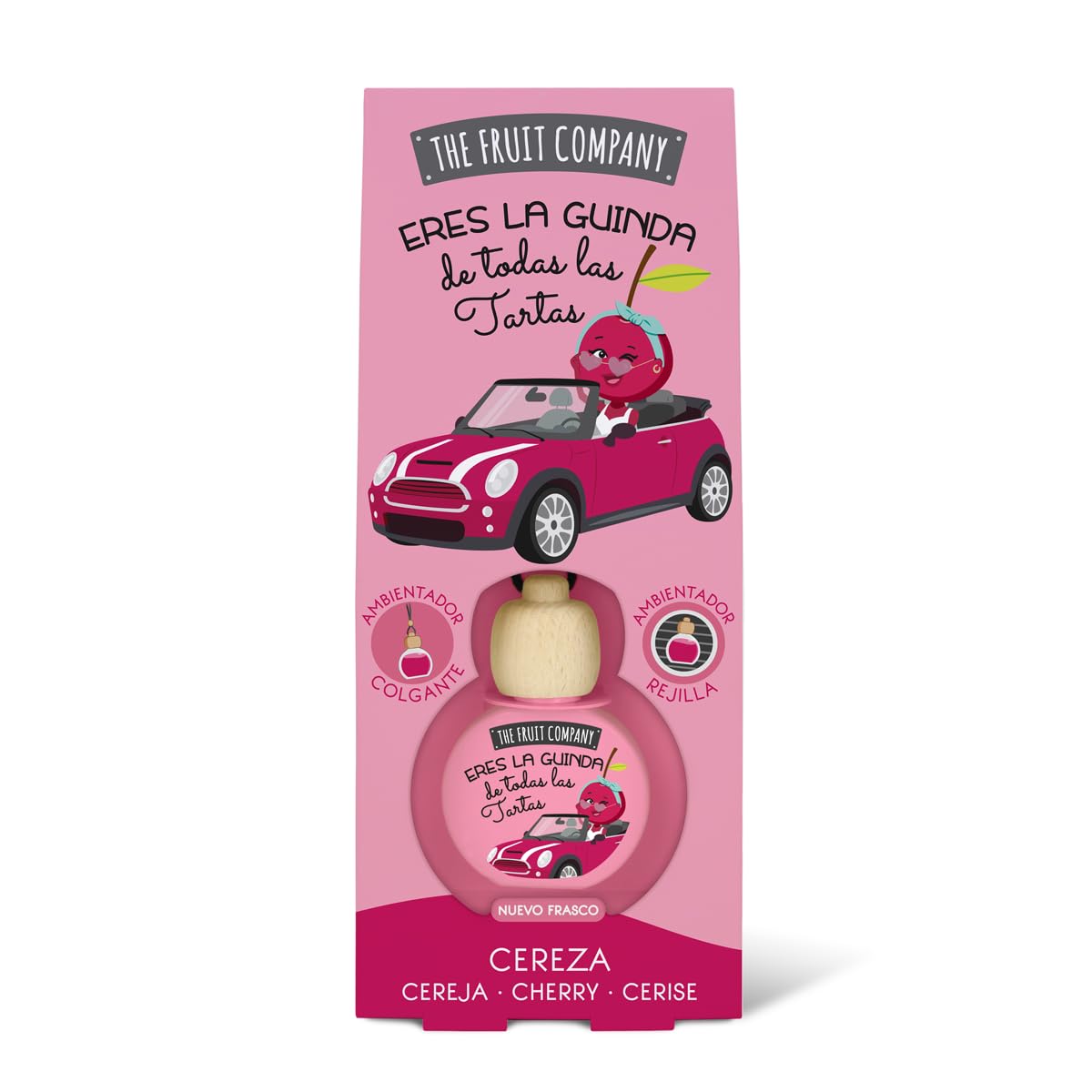 Pack de 3 Ambientadores Coche 2en1 The Fruit Company | Aroma Frutal, Absorbe Olores, Sin Alcohol, Extractos Naturales | Rejilla o Colgante | Larga Duración +45 Días (CEREZA)