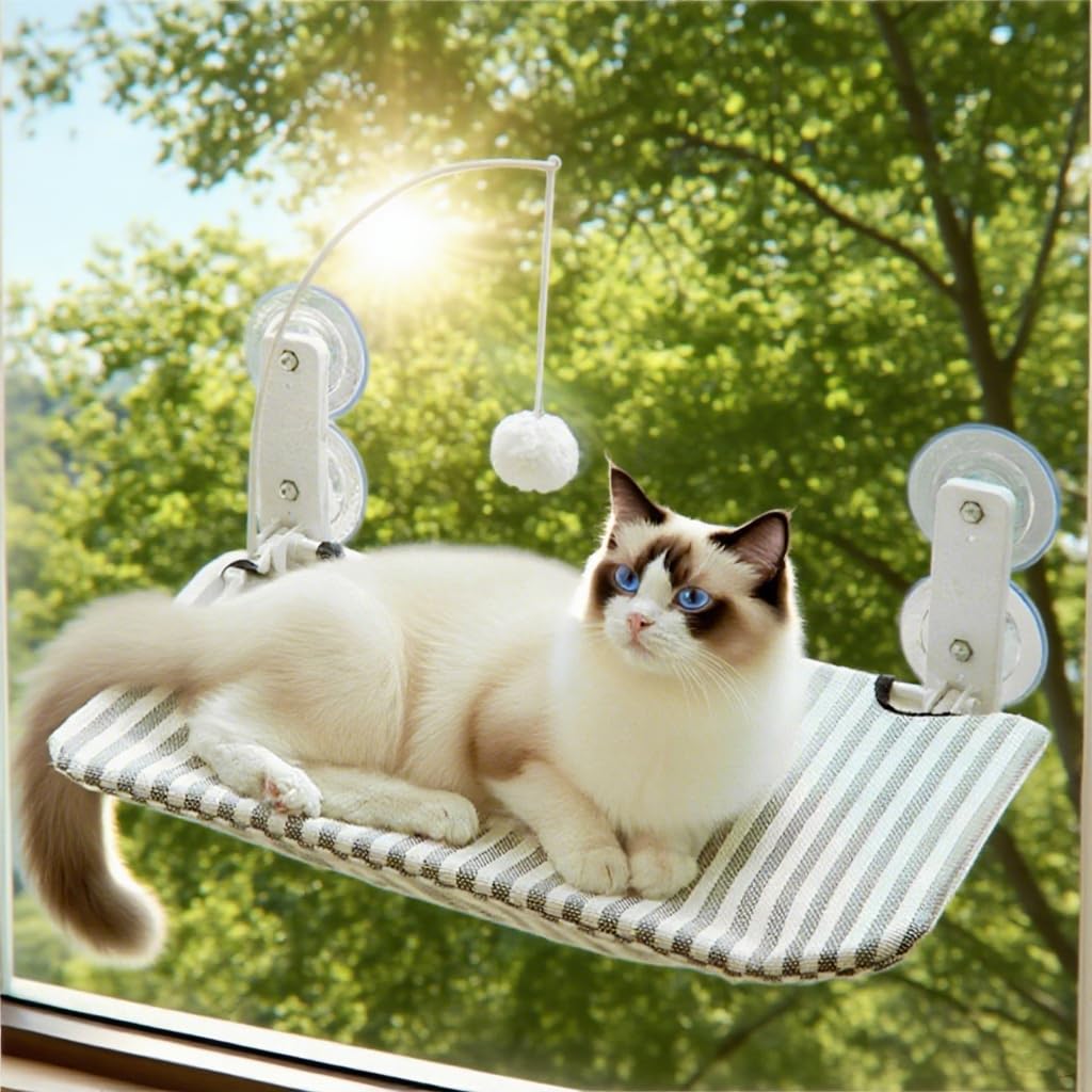 Fensterliege für Katzen Katzenbett Fenster Hängematte mit Starken Saugnäpfen bis 18kg – Abnehmbarer & Wendbarer Bezug, Faltbar & Stabil (Streifen, L)