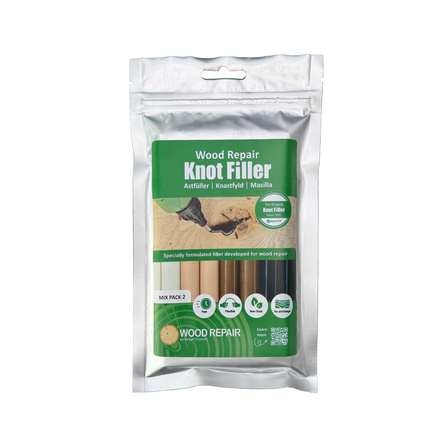 WoodRepair Holzreparatur Satz PLUS+ mit Astfüller-Pistole, Kompaktbeutel Mix 1 & 2, Handhobel, Farbwechsler & Kühlblöcken