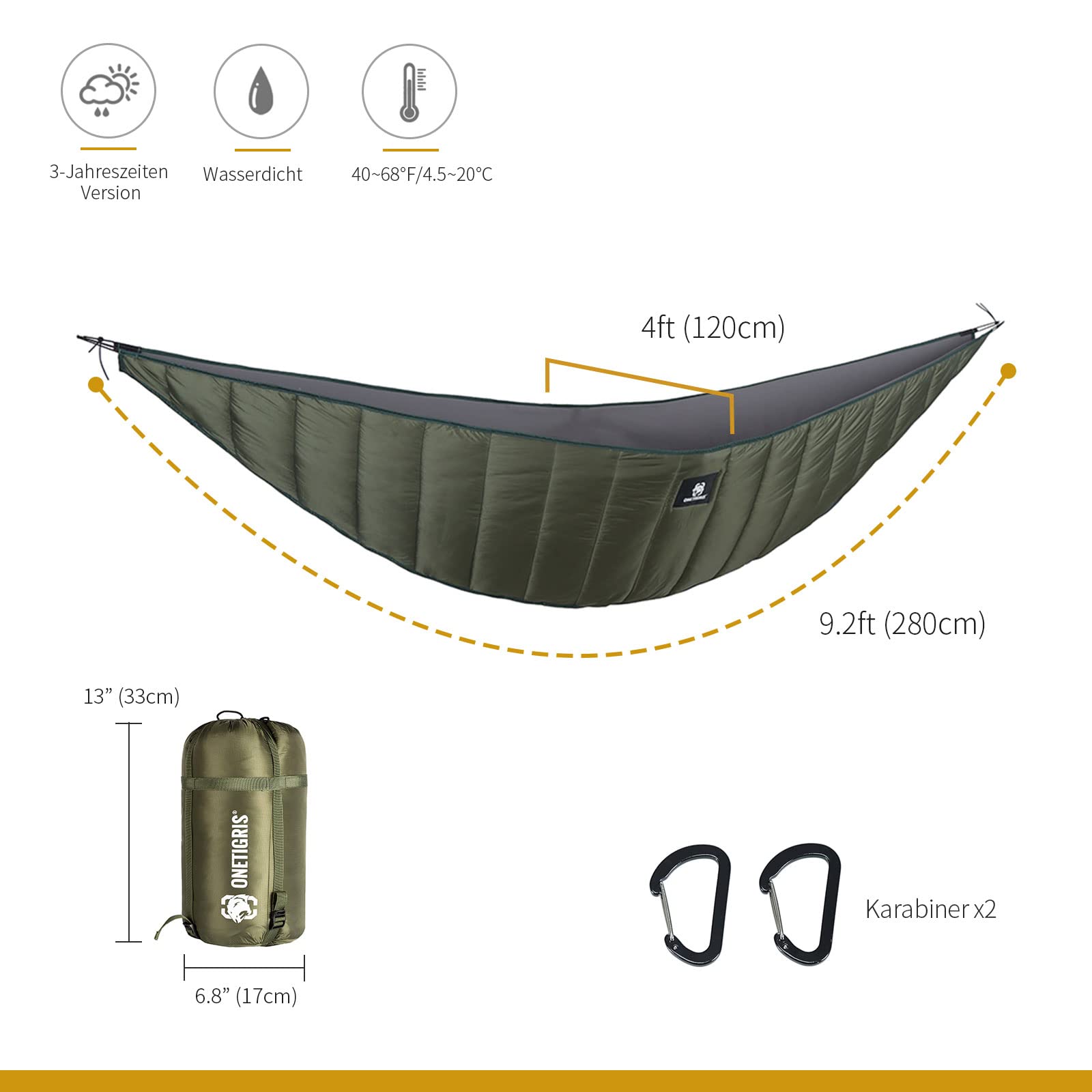 OneTigris Hideout Hängematte Underquilt Isomatten Underblanket für Hängematten Unterdecke Wärmeschutz Ultraleicht für Outdoor Wandern Camping 280x120cm(Armee Grün)