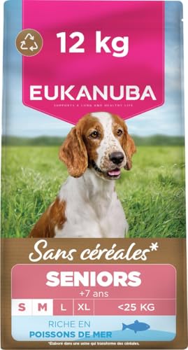 Eukanuba Croquettes Premium sans Céréale Chien Sénior Petite & Moyenne Race–Riche en Poisson de l’Océan-Hypoallergénique–Glucosamine...