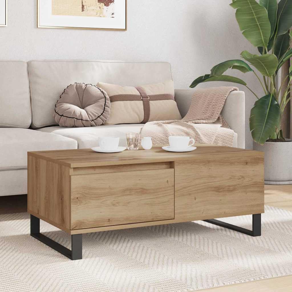 Stolik kawowy z materiału drewnopochodnego z 2 szufladami i stalowymi nogami w nowoczesnym, minimalistycznym wzornictwie do salonu, 90 x 50 x 36 5 cm