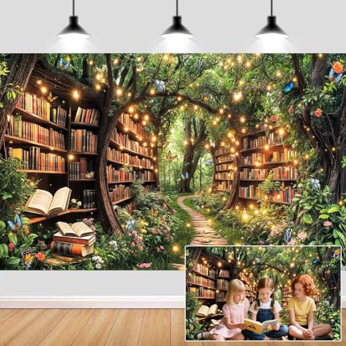 10X8ft Enchanted Forest Fairy Library Backdrop Fairy Tale Magic Bookshelf
