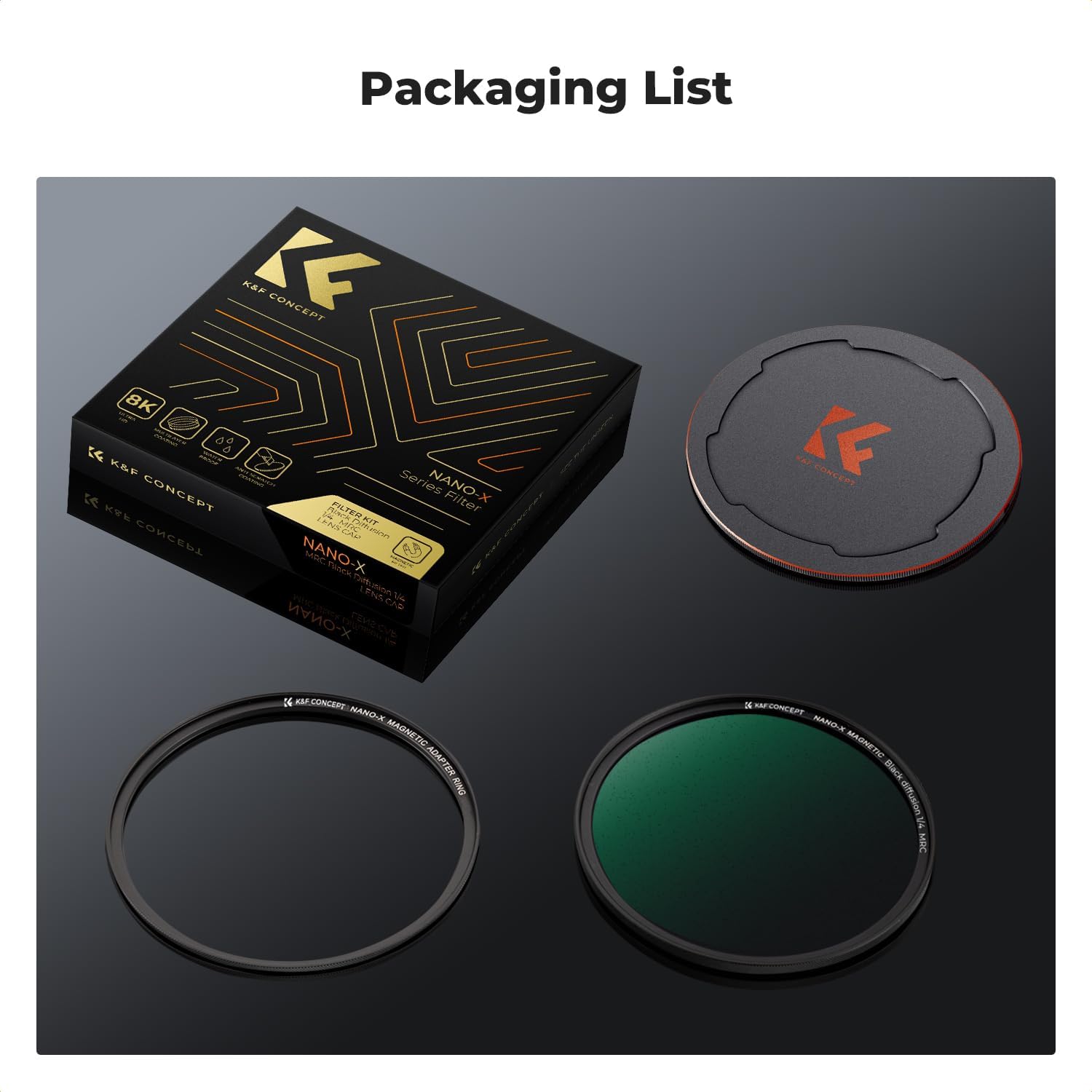 K&F CONCEPT 49mm Magnetic Black Diffusion 1/4 Mist Cinematic Effect Filters + Magnetic Basic Ring + Lens Cap Kit with 28 Multi-Layer Coatings for Camera Lens (Nano-X Series)