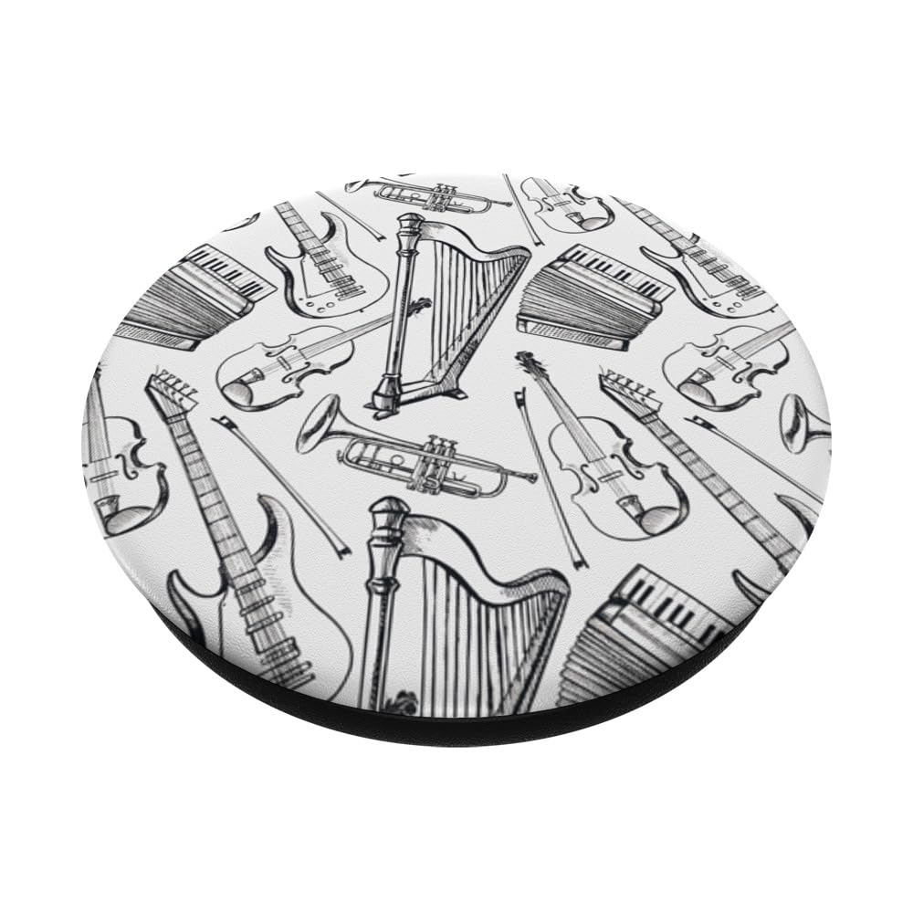 Musical Instruments Pattern Black & White Graphic Background PopSockets Swappable PopGrip - Image 2
