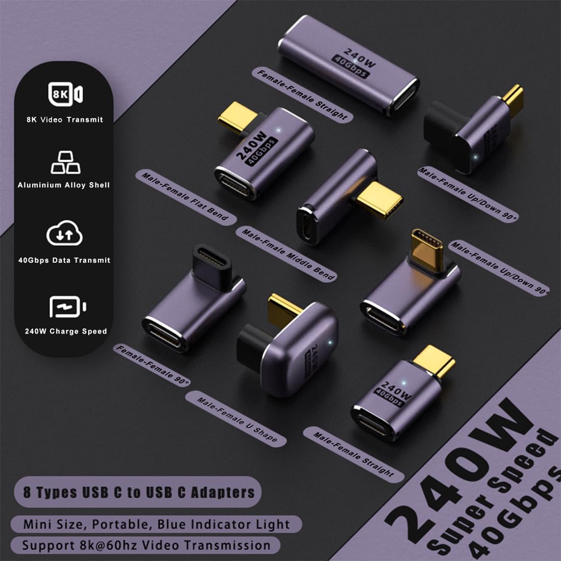 8 Pack USB C Adapter 240W 40Gbps 8K 60Hz, 90 Degree Right Angle, Straight, U Shape, Female to Male, Female to Female USB C Extender for Steam Deck, ROG Ally, Meta Quest, iPad, MacBook, Smart Phone