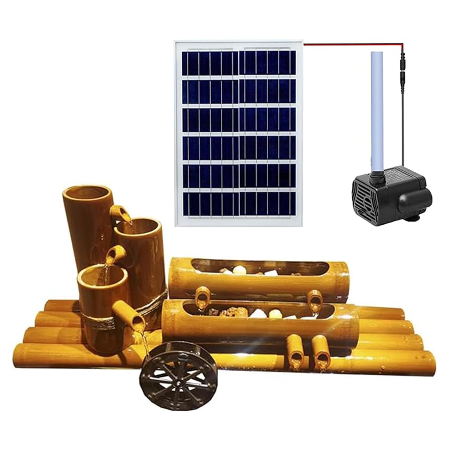 asdchZen Handmade Bamboo Fountain, Solar-Powered Water Feature With Pump, Zen Feng Shui Decor, Freestanding Garden Spout, Circulating Fountain For Pond, Fish Tank, Stone Basin, 16