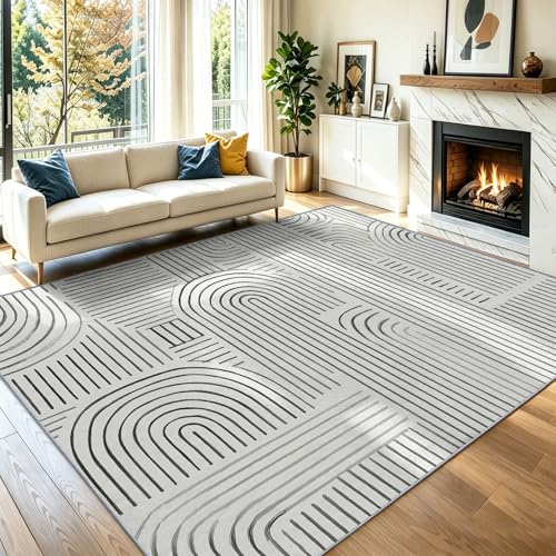 Tapis géométrique moderne à lignes blanches poil ras 120x180