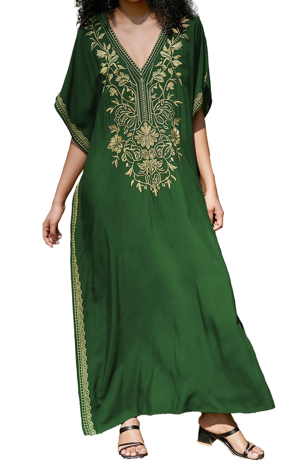 LikeJump Damen Stickerei Kaftan Kleid Übergröße Strandkleider Lang Kimono Badeanzug Cover Ups