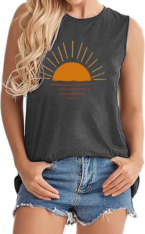 ALUS Womens Graphic Tank Tops Summer T Shirts Sleeveless Casual Loose Tunic Blouses - Image 2