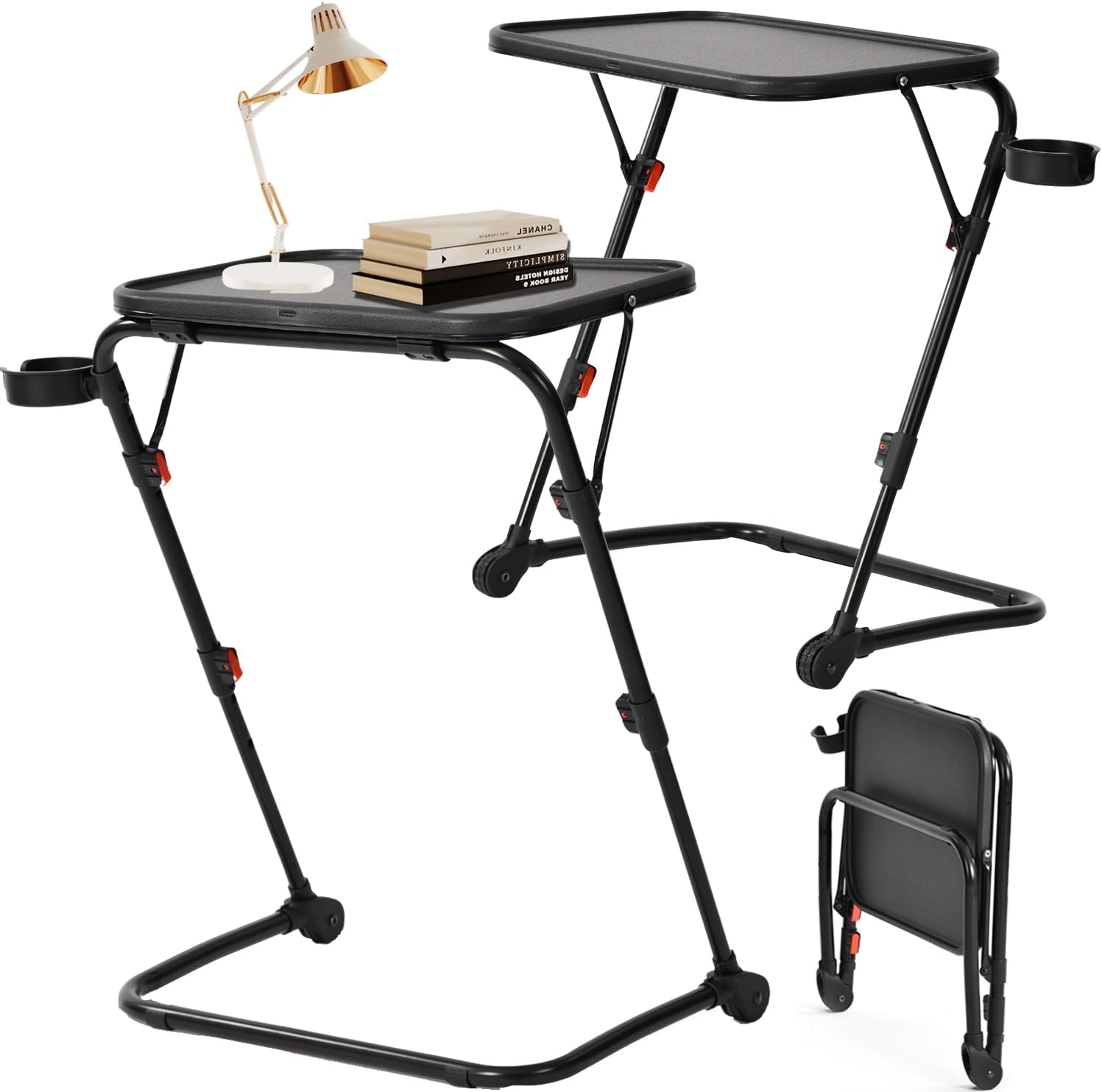 FurnitureR Adjustable Folding TV Tray Tables, Foldable Laptop Table Dinner Trays Snack Table with Cup Holder for Bed & Sofa, 4 Height & 3 Tilt Angle, No Assembly Required, Set of 2, Black