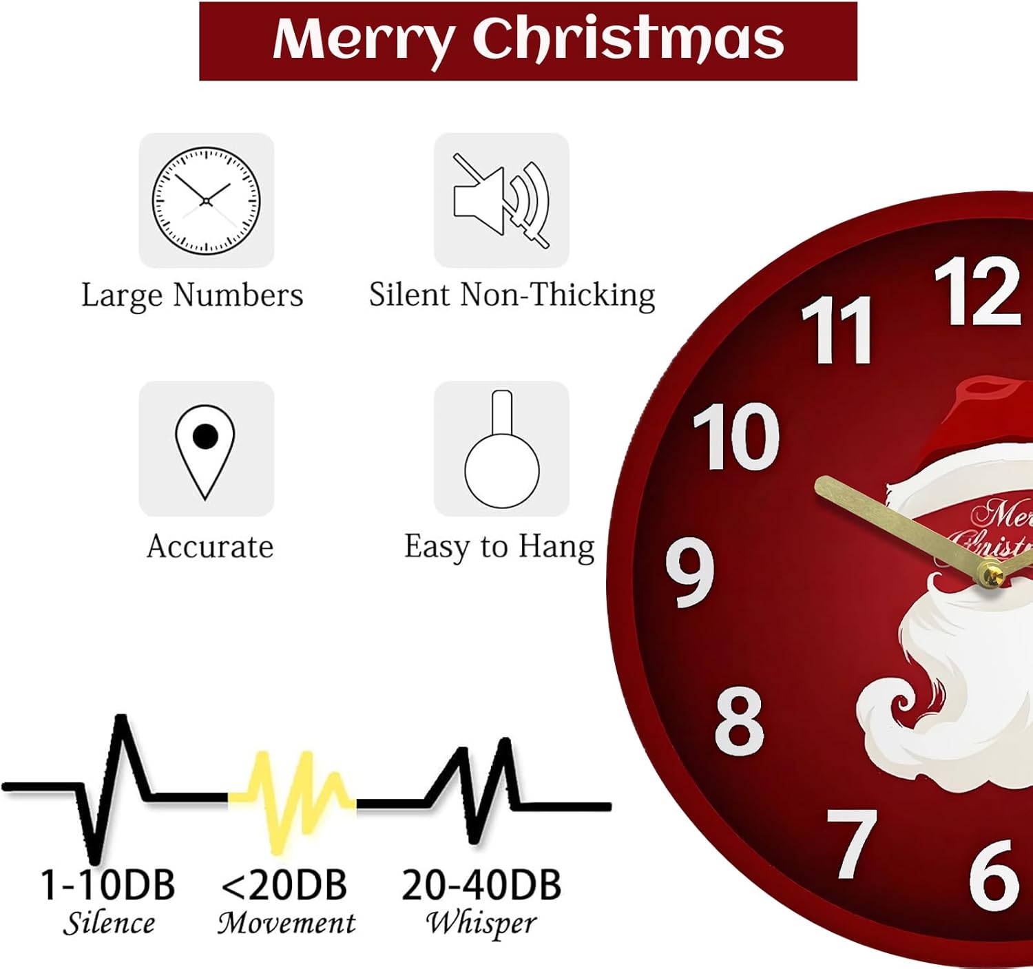 Maxspace Wall Clock - 12-inch Christmas Santa Silent Non-Ticking Decorative Round Clock, Battery Powered, Modern Wall Clock,for Bedroom,Living Room,Kitchen,Christmas Wall Decor (Red)
