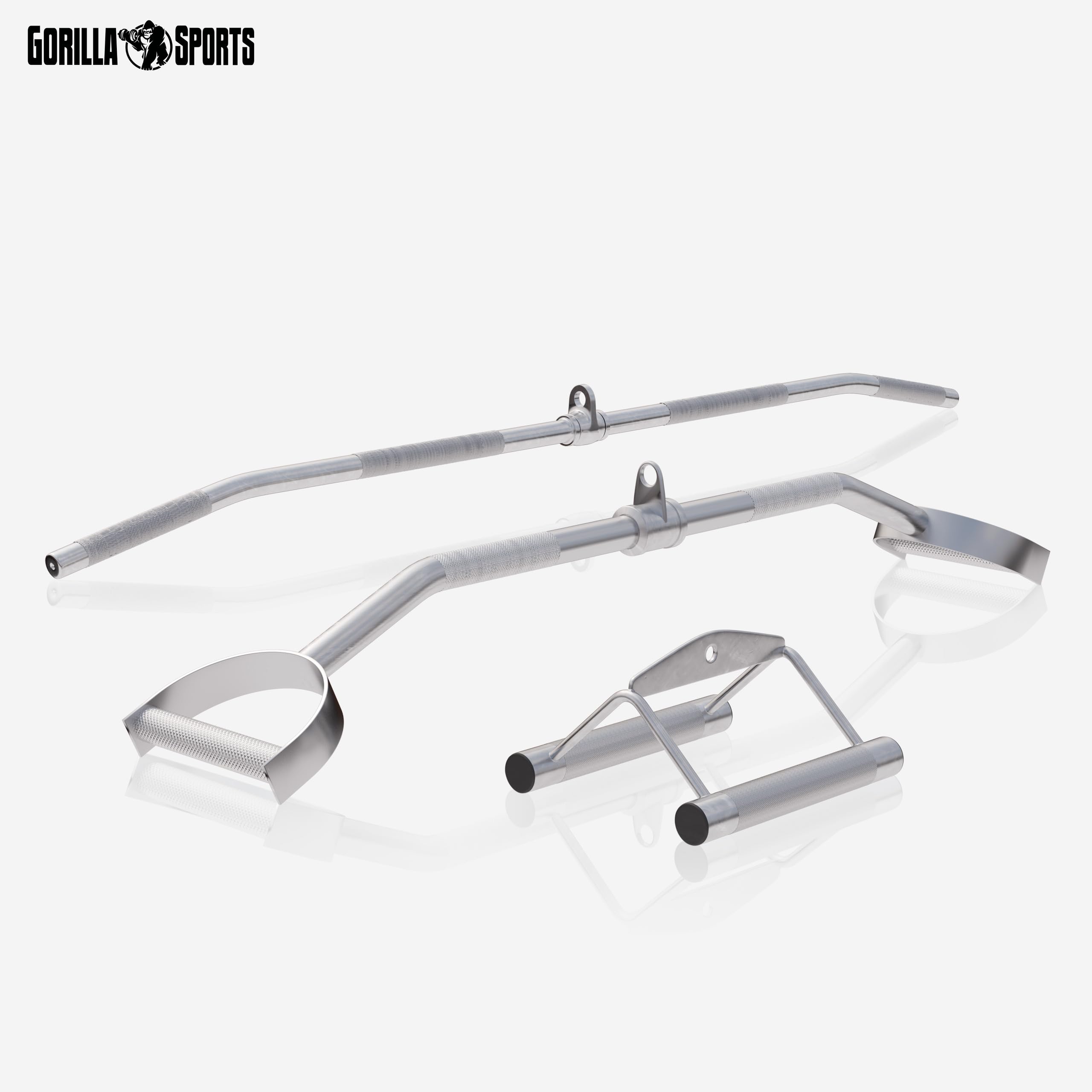 Gorilla Sports® Lot Barres et Poignées Tirage - 3 Articles Chromés : Barre Traction, à Dorsaux et Triangle Traction - Musculation, Fitness, Gym