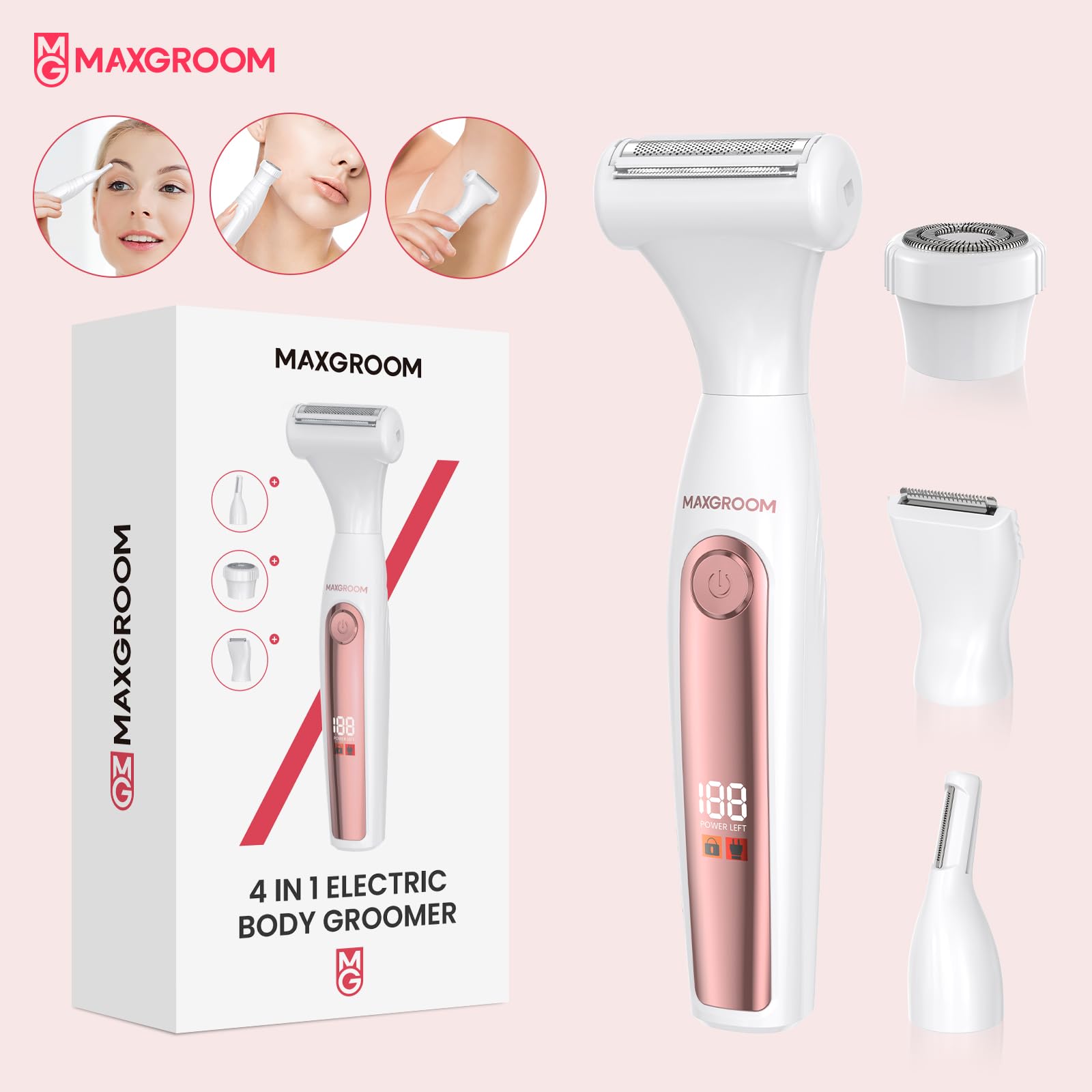 MAXGROOM Intimrasierer für Frauen,4-in-1 Elektrischer Körperrasierer Damen,Nass-Trocken Bikini Trimmer,Körperhaartrimmer für Augenbrauen,Gesicht, Intimbereich,Akku Elektrorasierer mit LED (Mehrfarbig)