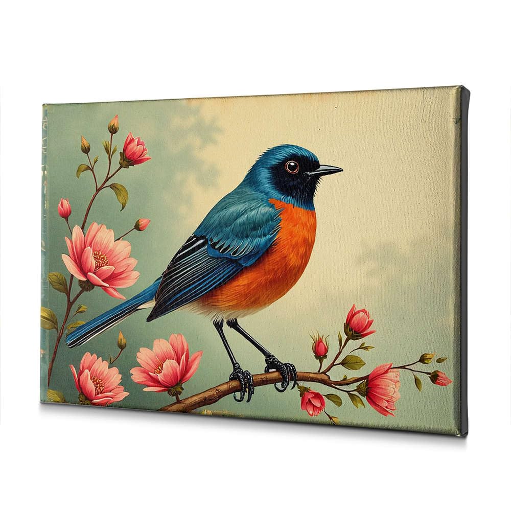 Tableau oiseau coloré fleurs roses toile déco murale nature 20x30