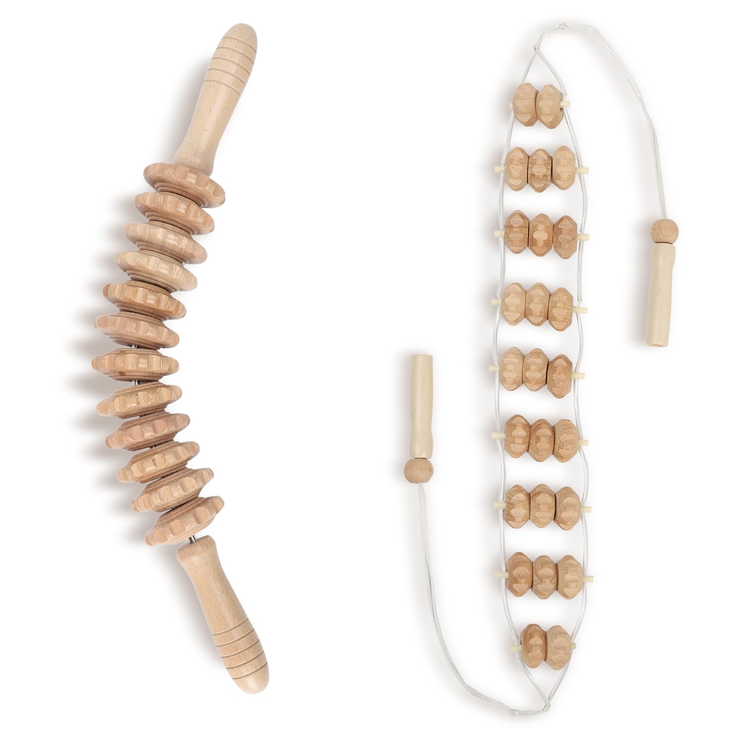 Mr.Woodware Wood Therapy Lot de 2 rouleaux de massage en bois pour drainage lymphatique incurvé et appareil de massage du dos avec corde – Outils de massage en bois pour sculpter le corps, sculpter,