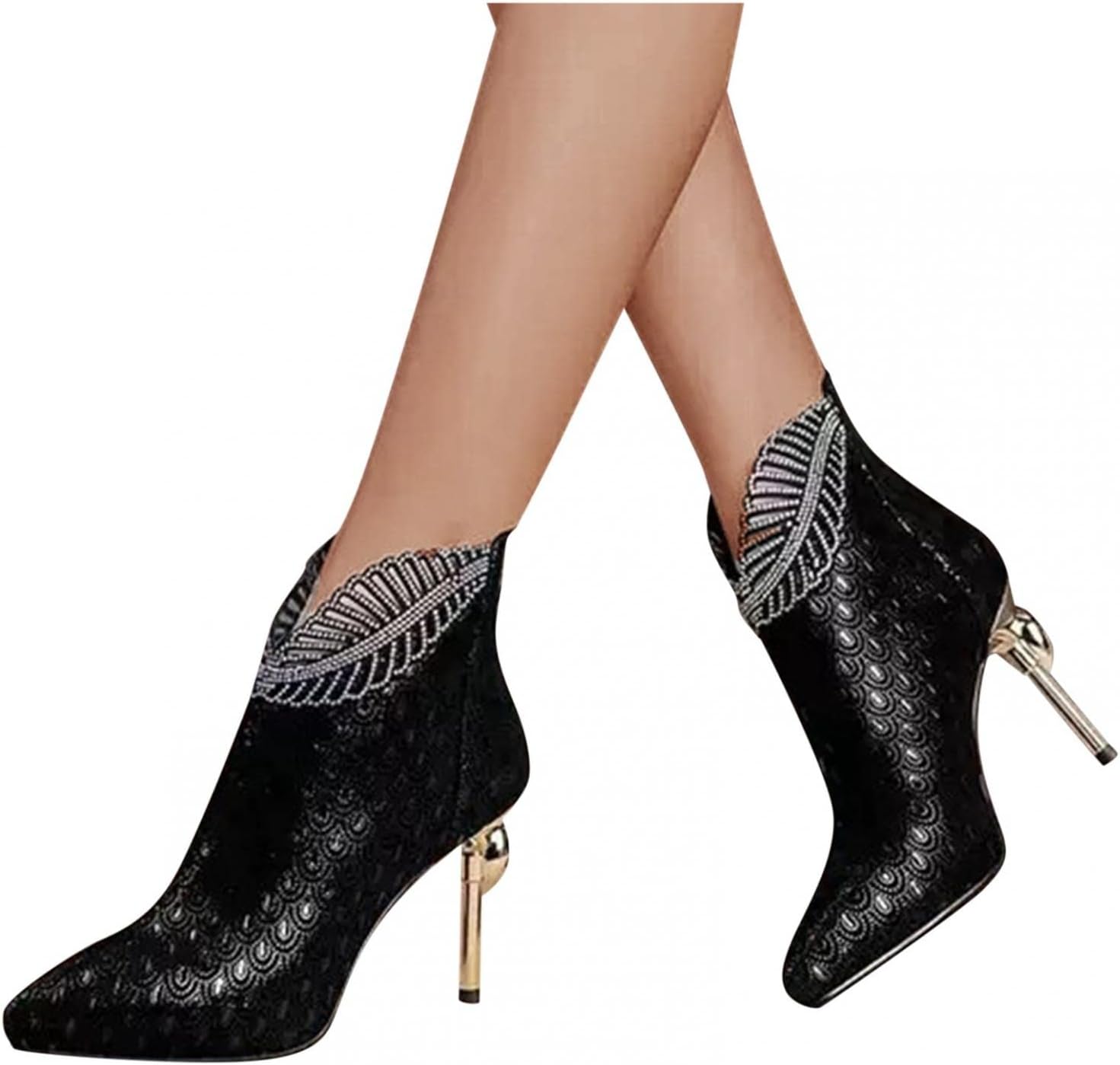 Hbeylia Stiletto High Heels Boots For Women Ladies Fashion Vintage Leaf Cuff Design Leather Pointed Toe Dress Pump Ankle Booties Winter Fall Dressy Short Boots For Bride Wedding Banquet Party