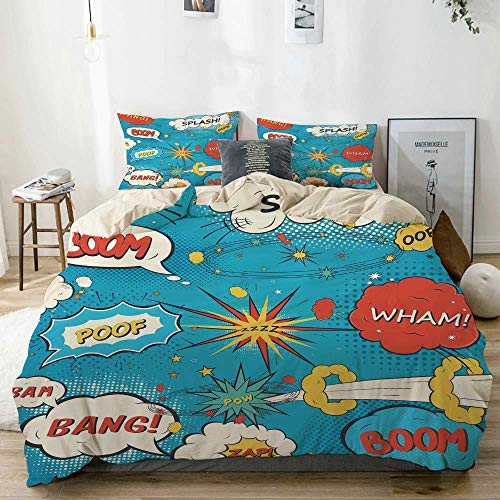 Yoyon Set Copripiumino Beige, Fumetti comici Stile Bolle di discorso Divertenti espressioni Umoristiche Boom Splash Bang, Set Biancheria da Letto Decorativo 3 Pezzi con 2 federe per Cuscino