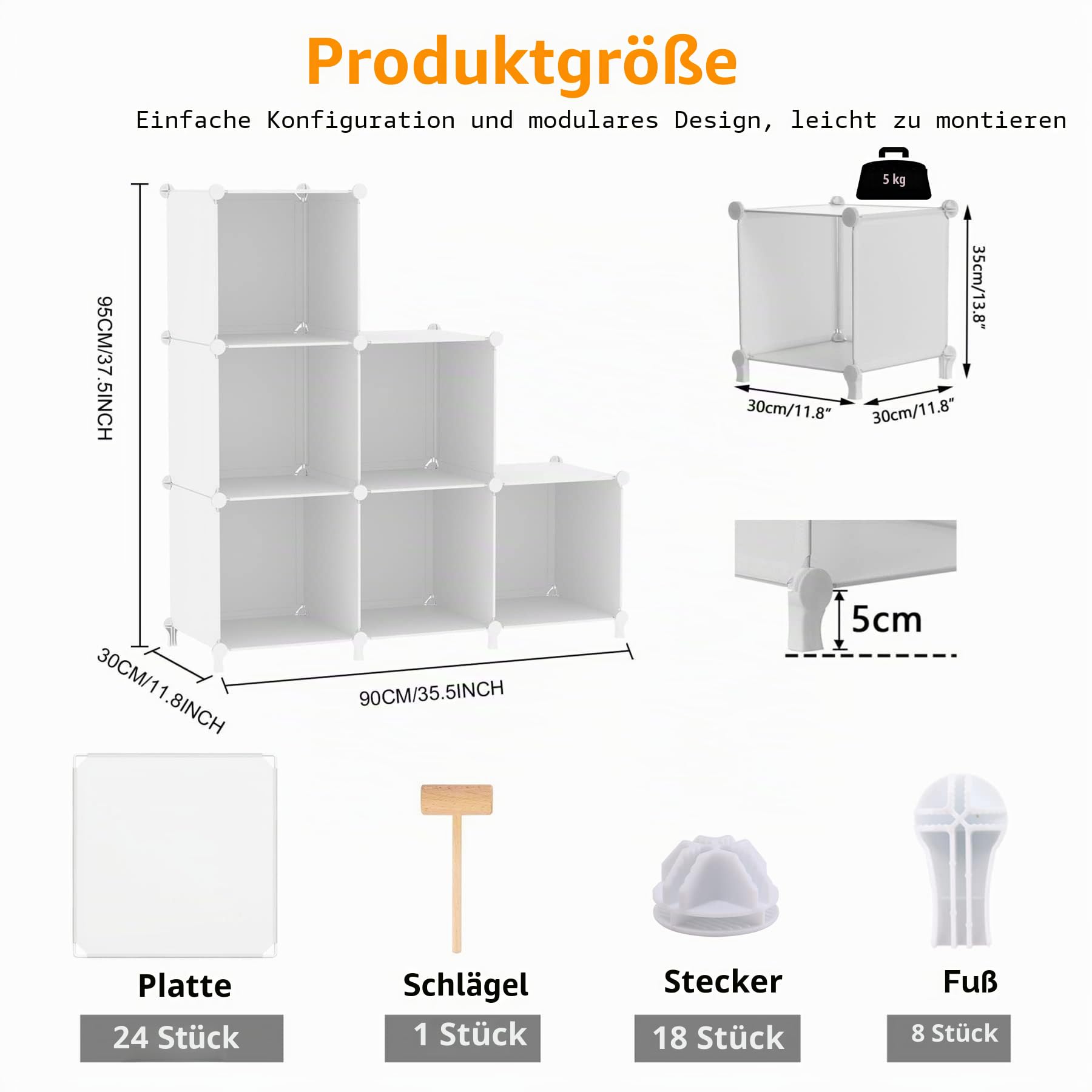 AWTATOS Würfel Aufbewahrungs Organizer, 6 Würfelregale mit Holzhammer, DIY Schrank, Modulares Lagerregal, Bücherregal, Kunststoff, Quadratisch, Aufbewahrungsregal für Zuhause, Schlafzimmer, Weiß