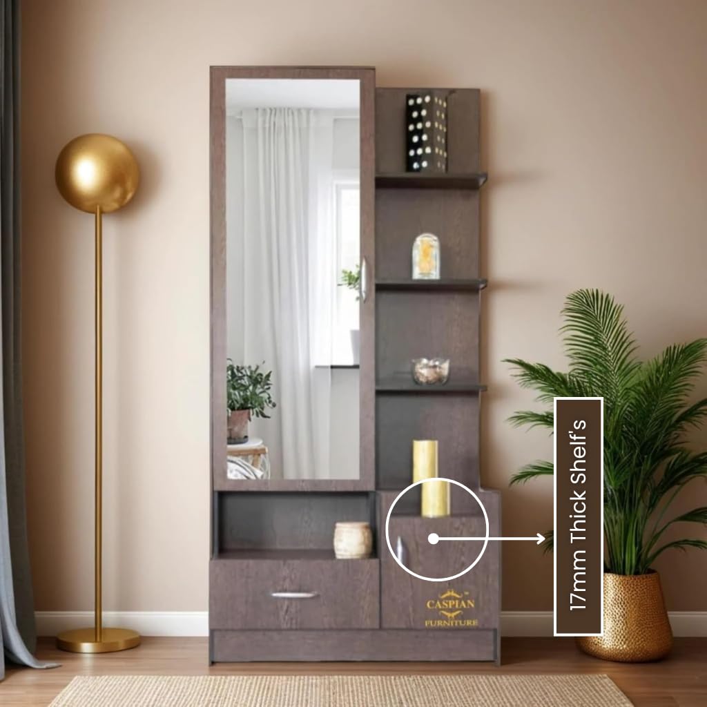 CASPIAN Engineered Wood Single Door Wooden Vanity Dressing Table (Brown) | Pre-Assembled Furniture with Mirror | Makeup & Accessories Storage Organizer with 4 Shelves, 1 Cabinet & 1 Drawer-picture-15