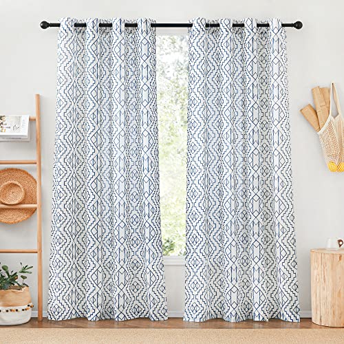 Ryb Home Sheer Linen Curtains 84 Inches Long - Light Filtering Privacy Window Treatment Boho Rustic Geometric Pattern Drapes For Living Room Bedroom Sliding Door, 2 Panels, Navy Blue #TOP16