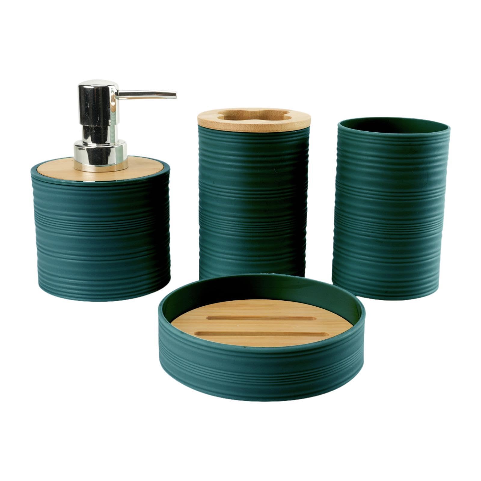 4 Piezas Set de Accesorios de Baño Dispensador de Jabón Porta Cepillos Vaso para Enjuague Jabonera Material Plástico Resistente Adecuado para Hogar, Verde Oscuro, Individual