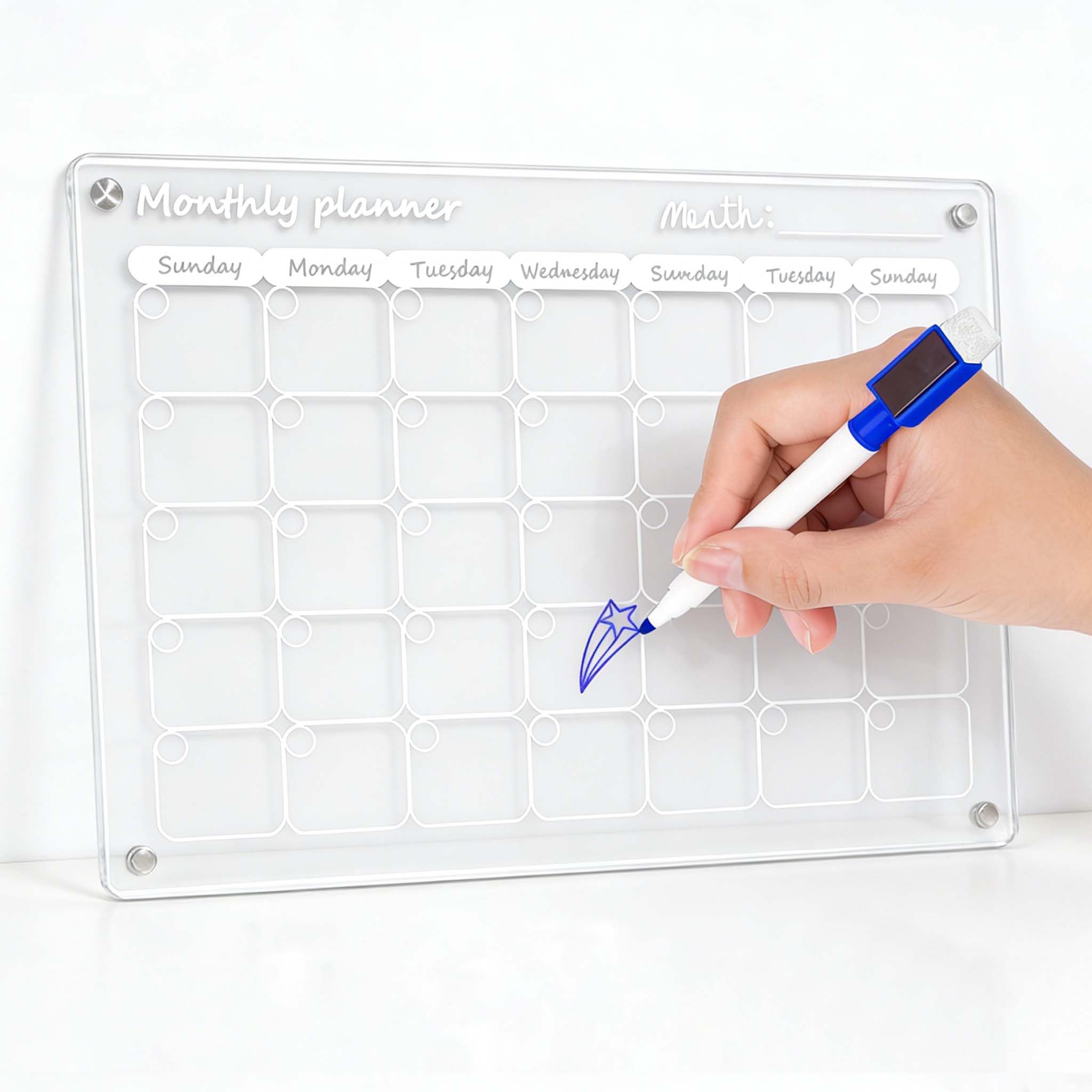 2 pezzi di calendario magnetico in acrilico, lavagna riutilizzabile per il frigorifero, chiara agenda familiare con gomma a secco magnetica, 6 pennarelli per pasti, menu, spesa, promemoria