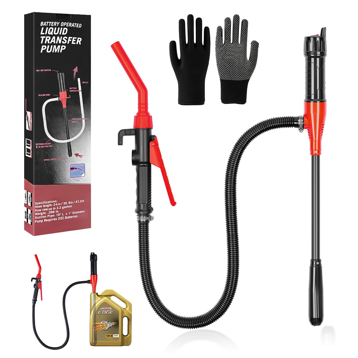 Pompe à Essence électrique à Piles,Pompe à Siphon,Transfert De Liquide,d'aspiration Automatique,avec buse de régulation du débit 2,4 gallons/Min,pour Essence, Diesel(rouge)