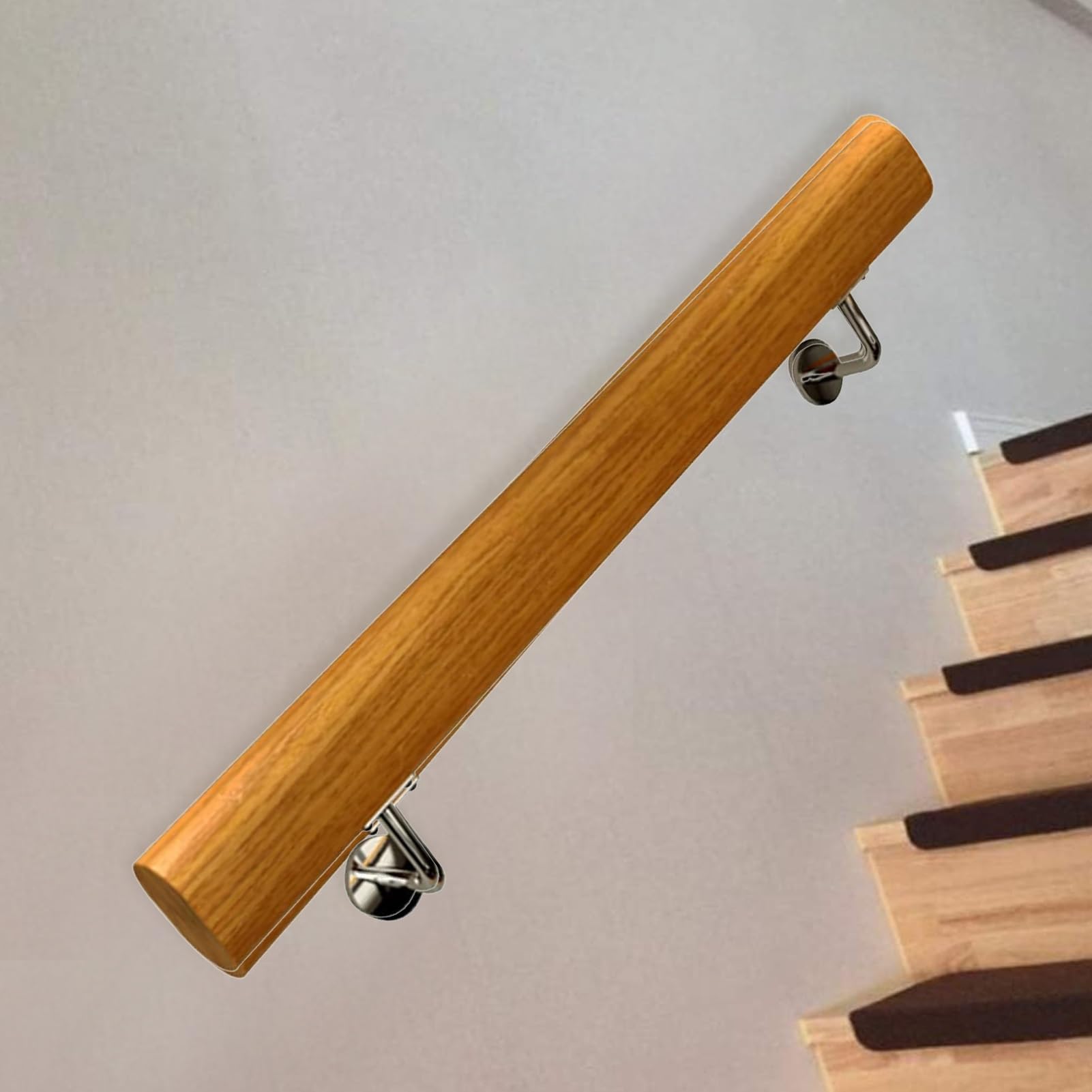 Rampe d'escalier antidérapante en bois massif avec supports inox robustes