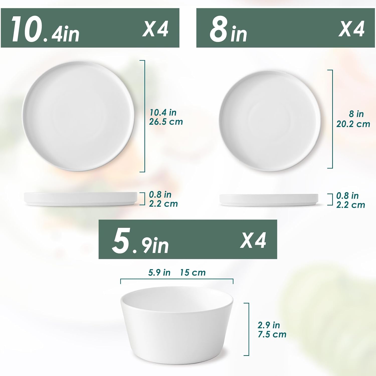 Asrug 12-Piece Plates and Bowls Sets,Ceramic Dinnerware Sets for 4, Chip Resistant and Scratch Dish Set, Dining Dinner Porcelain Dishware, Microwave and Dishwasher Safe,White Matte