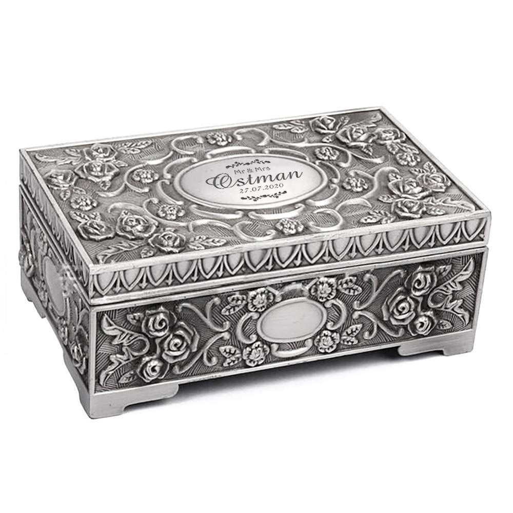 Edsg Women's Silver Personalised Jewellery Box For Engraved Trinket Box For Mum Girls Vintage Jewellery Case For Mothers Day Gift Valentines Day Wedding Birthday Anniversary Christmas Gifts