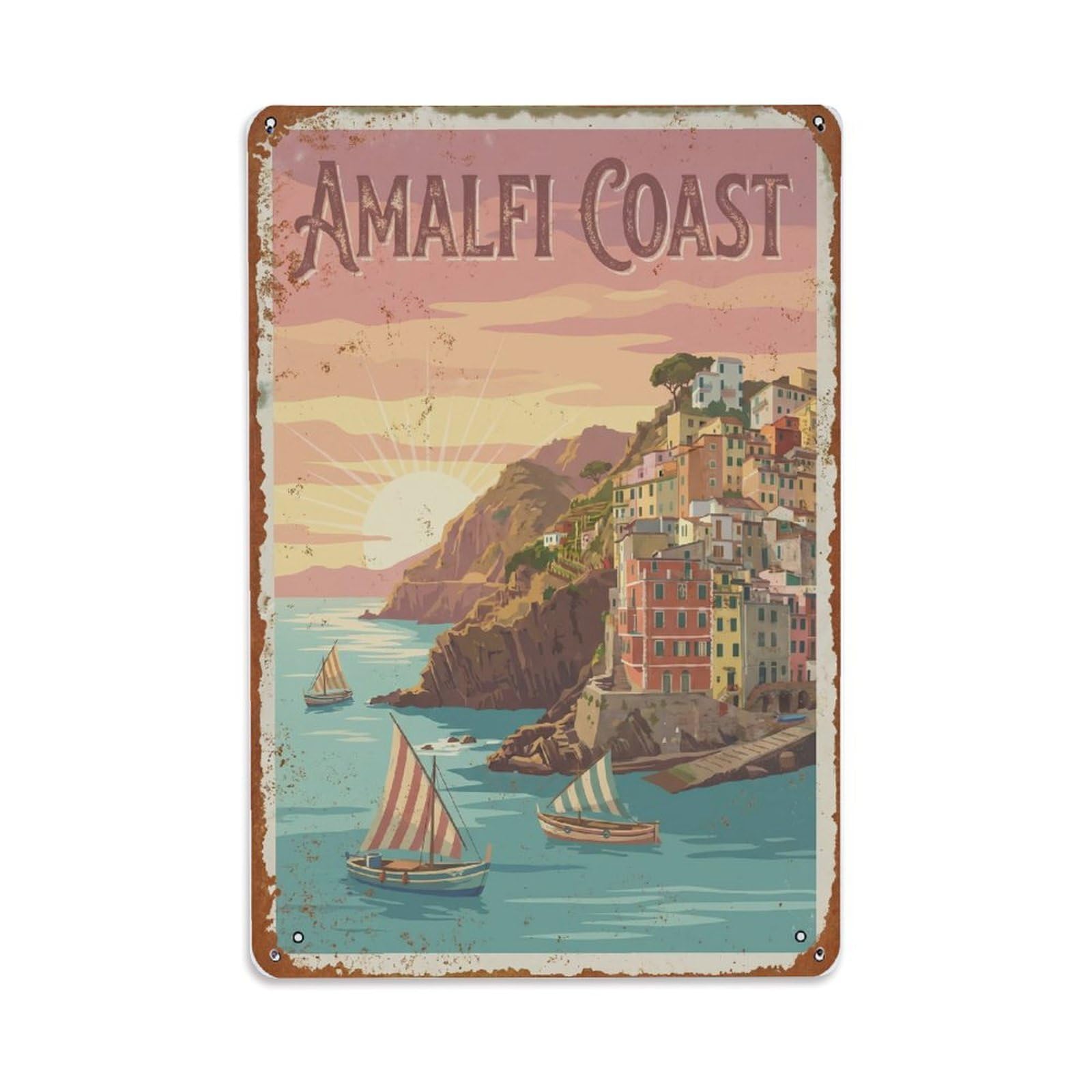Vintage Travel Sunrise Italy Coastal Metal Tin Sign Plaque Wall Decor for Cafe, Club Bar, Office, Home Garden Metal Poster 8x12Inch