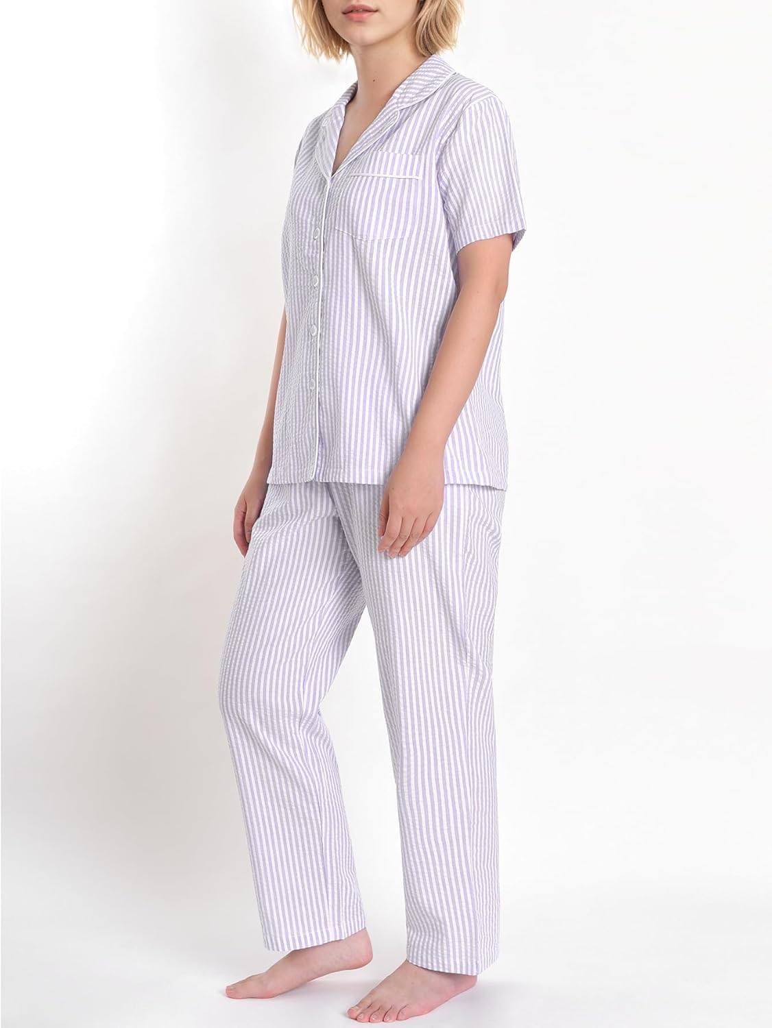 Women's Petite Pajama Set 2 Piece Cotton Seersucker Pjs - Image 2