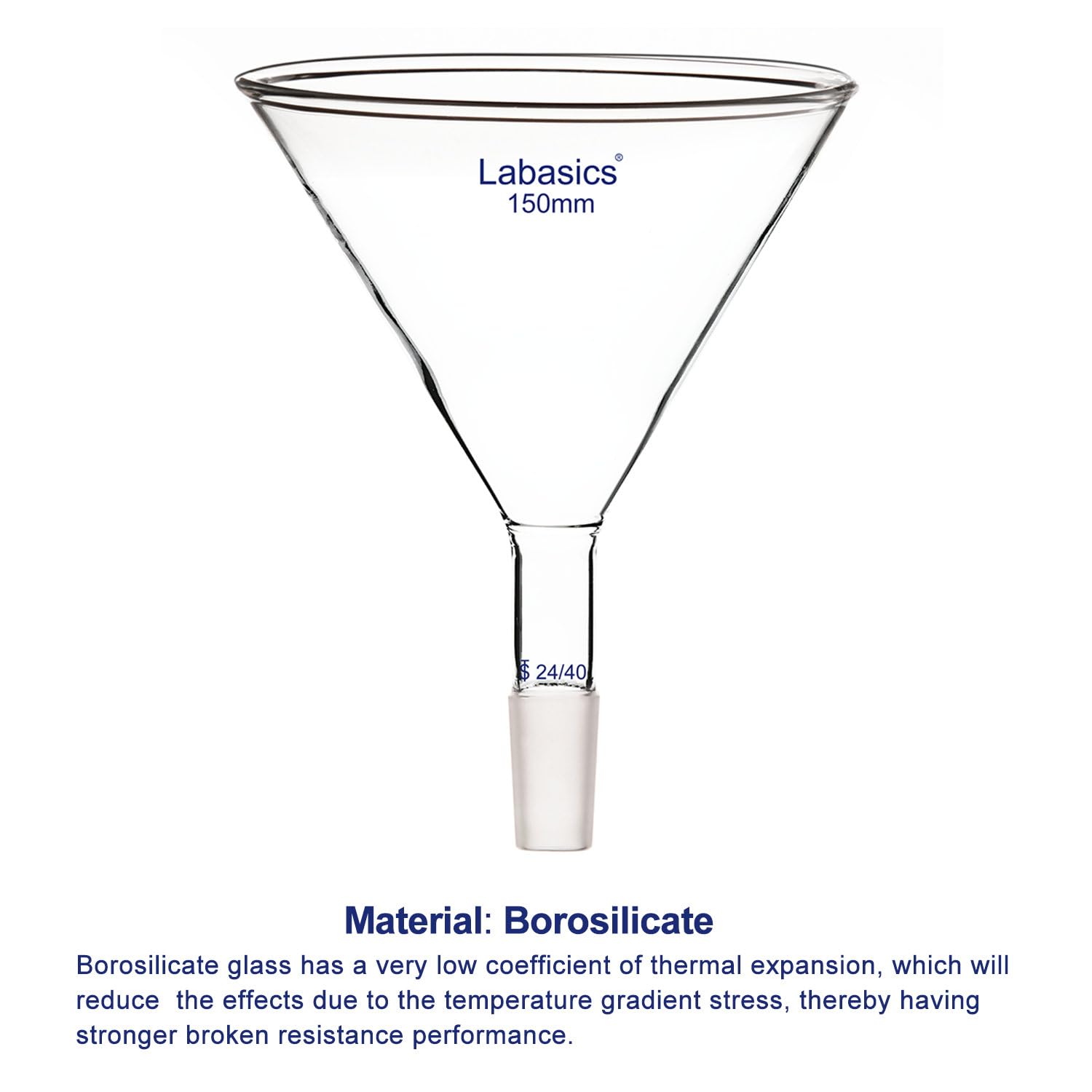 Labasics Entonnoir à Poudre en Verre Borosilicaté, Tige Courte, Diamètre Extérieur 150 mm, Joint 24/40, Transparent