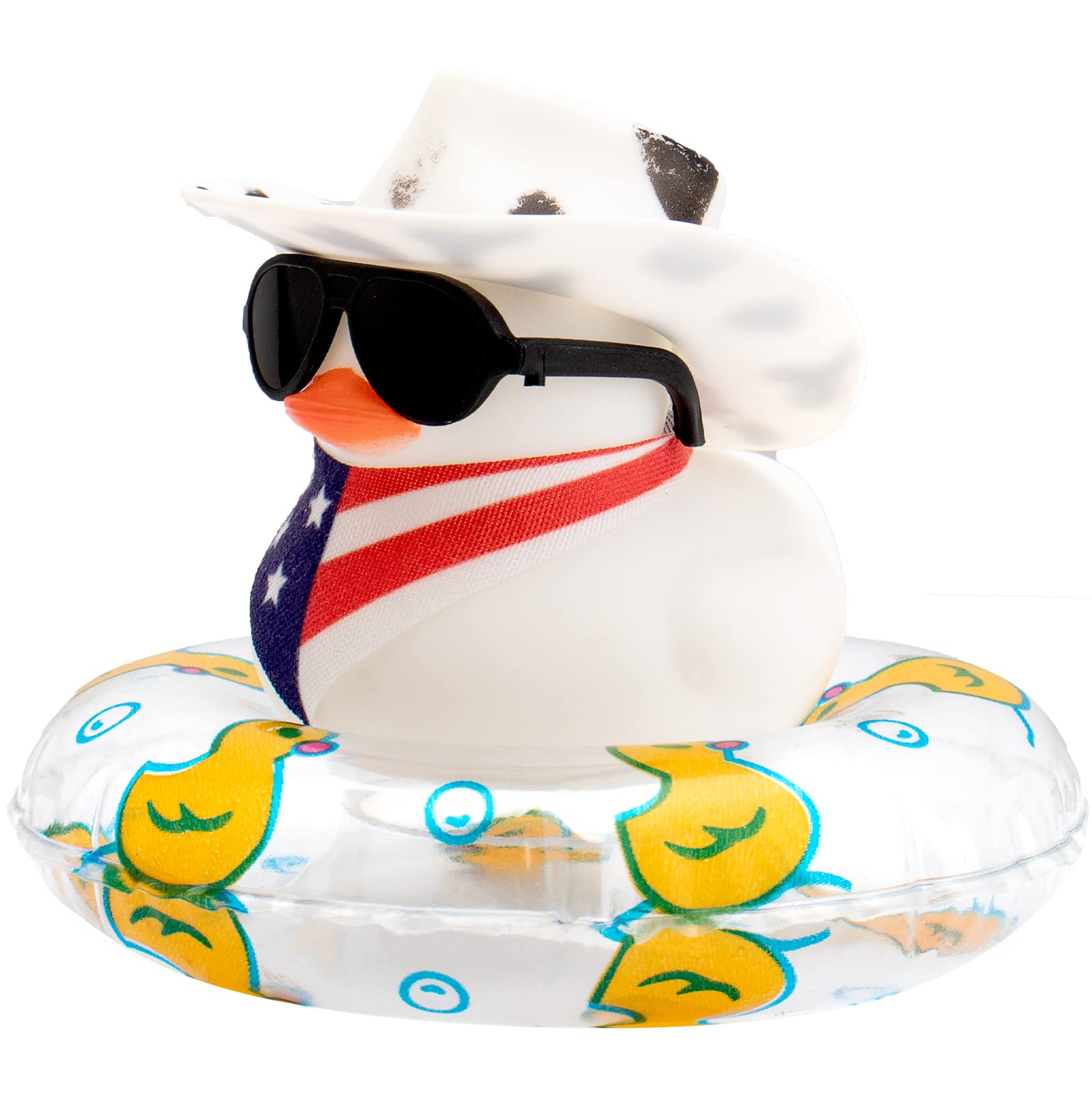 wonuu Car Rubber Duck Decoration, West Cowboy Duck Car Dashboard Decoration Accessories with Mini Swim Ring Cowboy Hat Scarf and Sunglasses(B_White Vertical Clear Ring Cowboy)